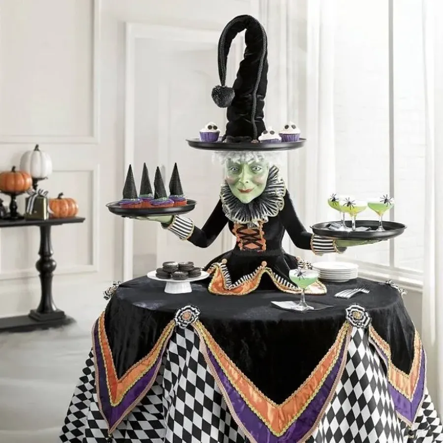 Witch Tabletop Server Resin Statue with Harlequin Tablecloth