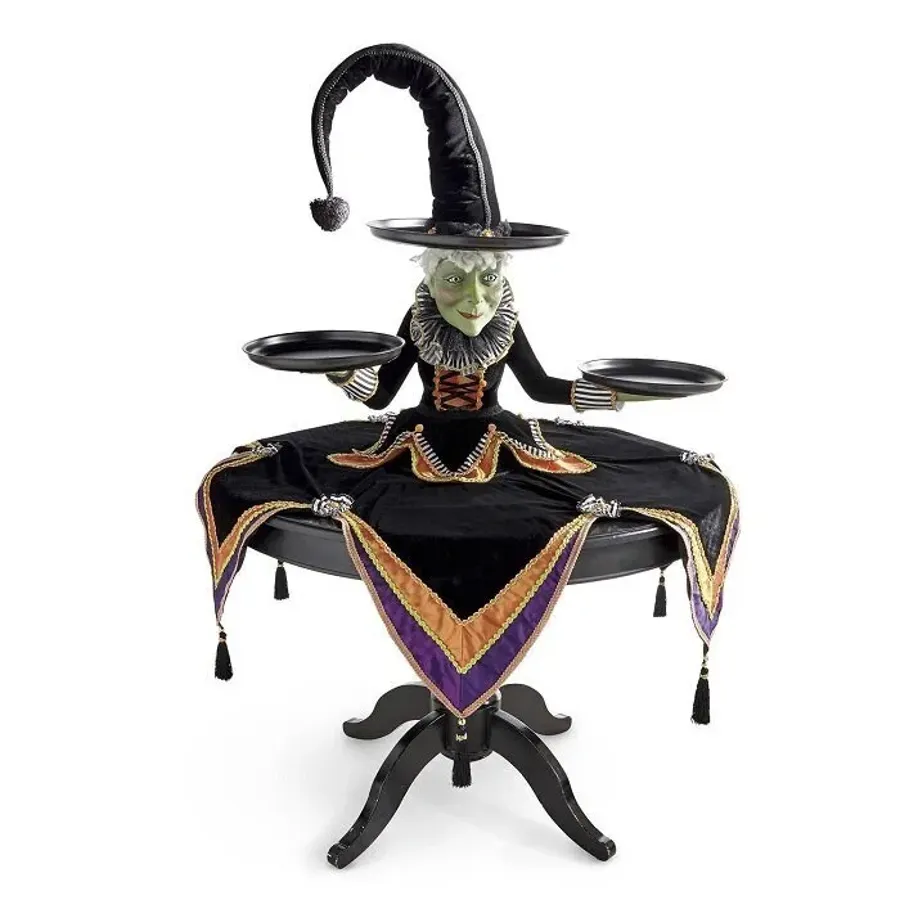 Witch Tabletop Server Resin Statue with Harlequin Tablecloth