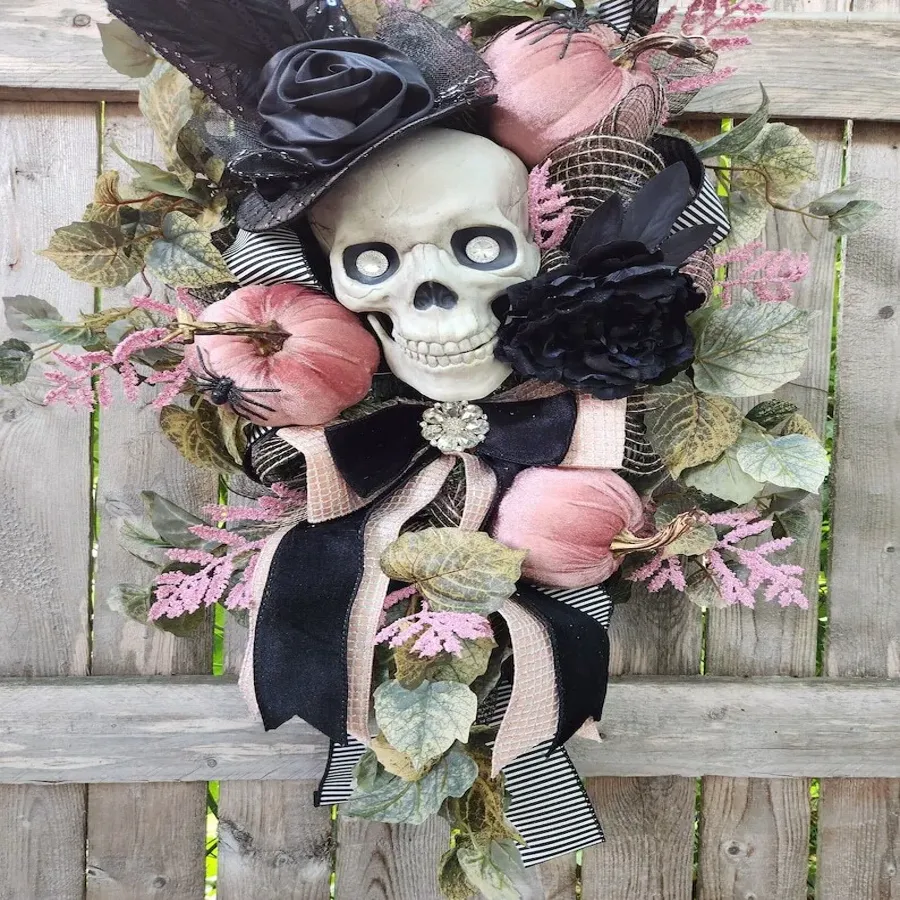 Pink and Black Glam Skelly Wreath