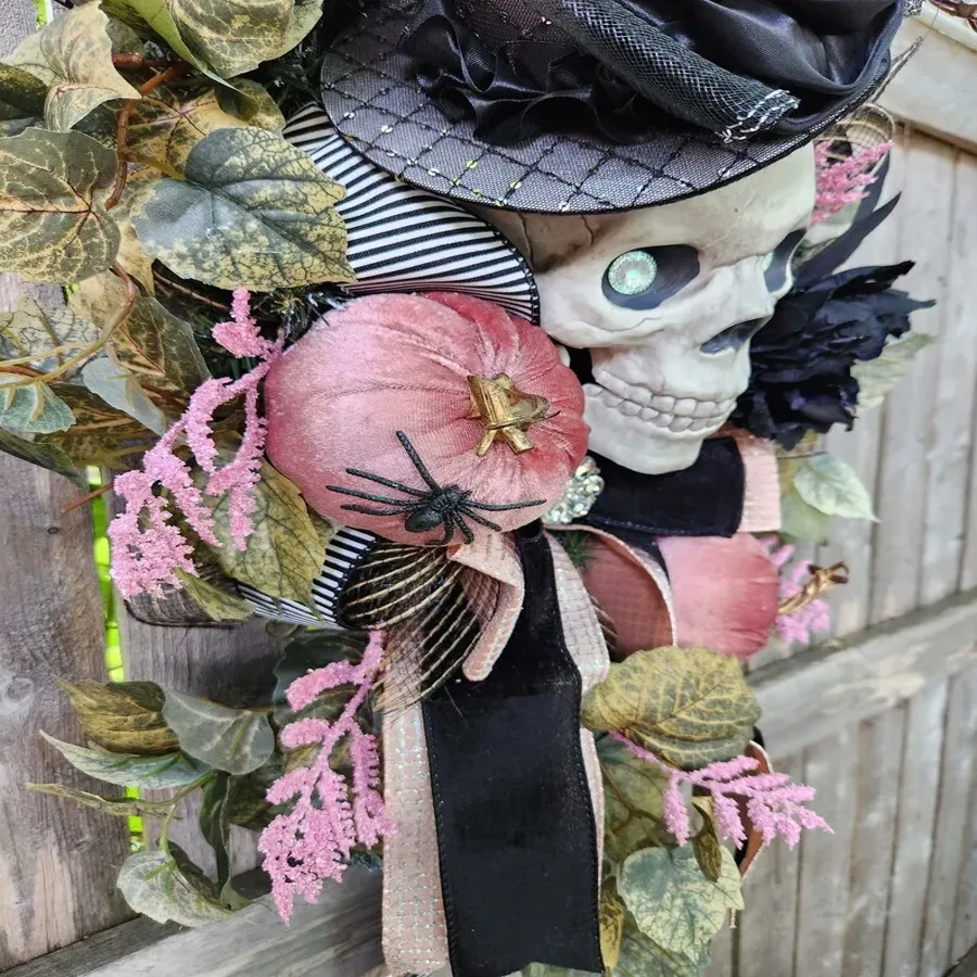 Pink and Black Glam Skelly Wreath